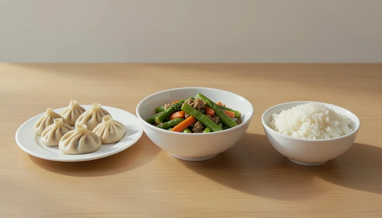 AI illustration of Illustrated shared table with closed dumplings, cooked vegetables and rice.