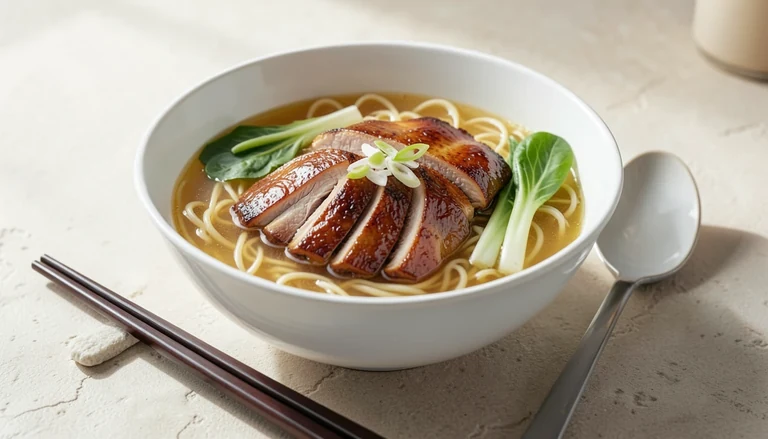 AI illustration of roast duck noodle soup with bok choy in clear broth