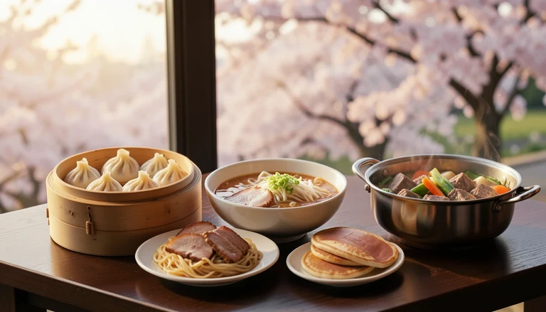 AI illustration of An imagined shared table with a bamboo steamer of dumplings, a bowl of noodle soup, roast duck slices with pancakes and a small hot pot, beside a window with blossoming cherry trees.