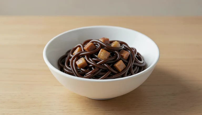 AI illustration of Generic editorial illustration of cooked Korean Chinese black-bean noodles.