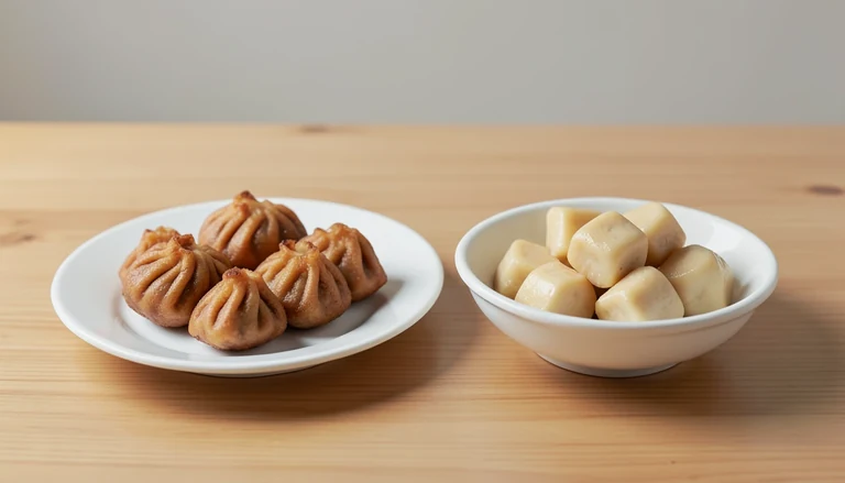 AI illustration of Generic editorial illustration of cooked fried dumplings and tofu in separate dishes.