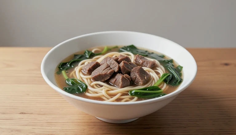 AI illustration of noodles in broth with meat chunks and greens
