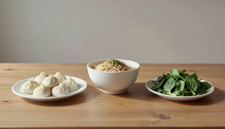 AI illustration of Illustration of a shared table with closed dumplings, wheat noodles and cooked greens.
