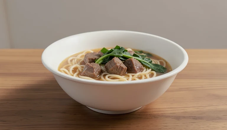 AI illustration of noodles in broth with cooked meat chunks and greens