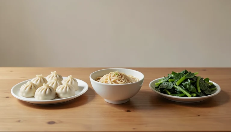 AI illustration of Illustration of a shared table with closed dumplings, noodles and cooked greens.