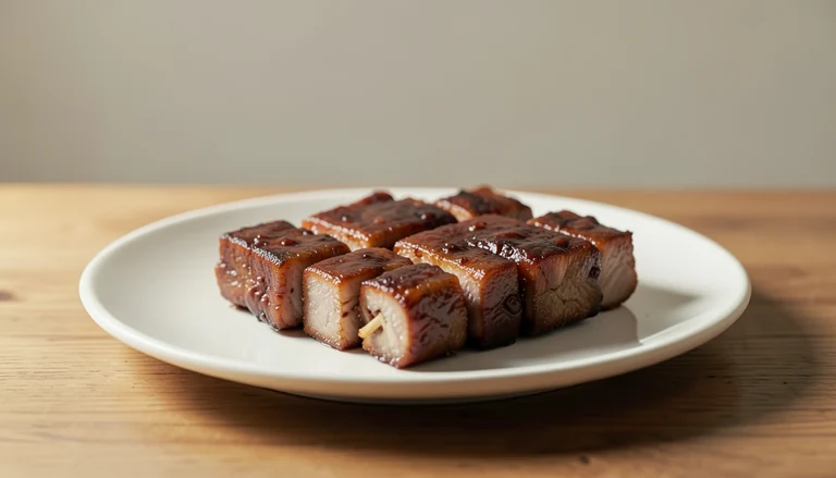 AI illustration of cooked pork rib pieces with glossy dark sauce