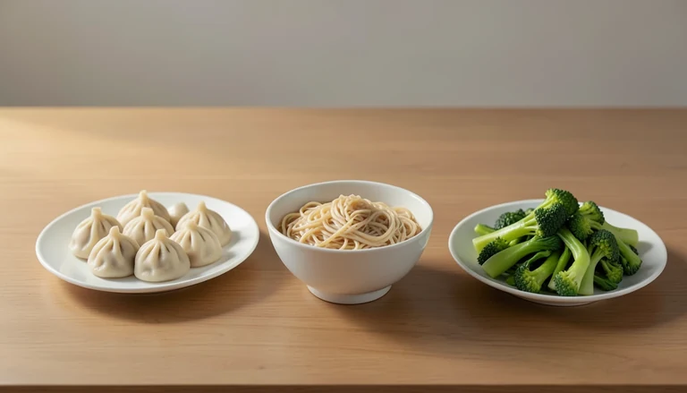 AI illustration of Illustration of a shared table with closed dumplings, noodles and cooked greens.