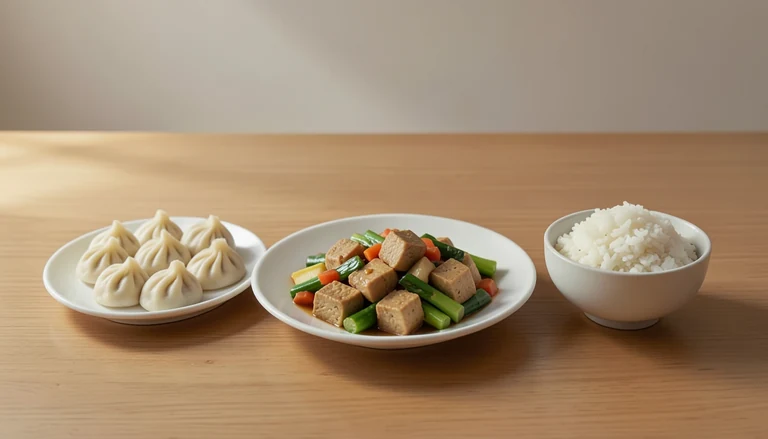 AI illustration of Illustration of a shared meal with closed dumplings, tofu and vegetables, and rice.