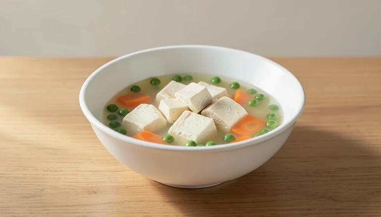 AI illustration of tofu cubes with peas and carrots in light broth