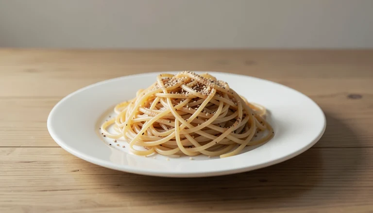 AI illustration of thin noodles with sesame sauce on a plain plate