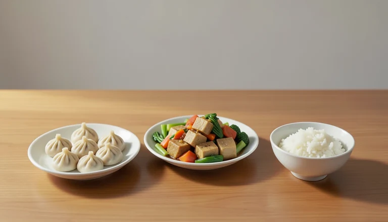 AI illustration of Illustration of a shared meal with closed dumplings, tofu and vegetables, and rice.